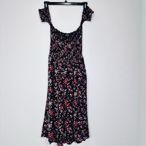 Lulu's Ditsy Floral Dark Off the Shoulder Smocked Bodice Midi Dress Milkmaid Med